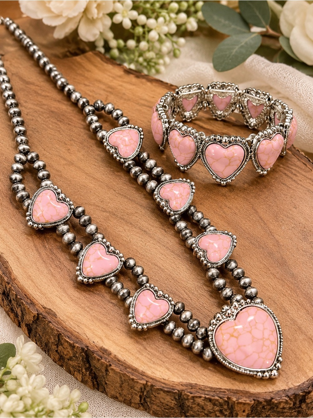 Pink Heart Necklace & Bracelet Set